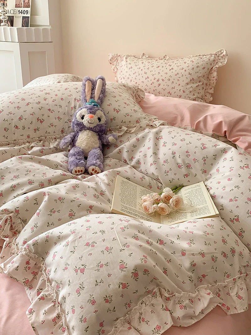 Afralia™ Floral Lace Ruffles Girl Bedding Set with Quilt/Duvet Cover, Sheet & Pillowcases