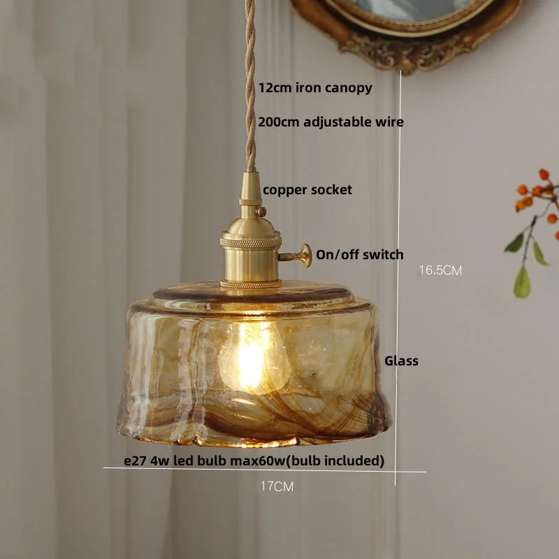 Afralia™ Amber Glass LED Pendant Light Fixture, Vintage E27 Copper Hanging Lamp