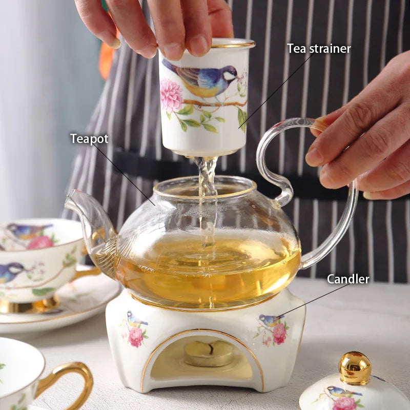 Afralia™ Floral Glass Teapot Set with Bone China Tea Cups and Strainer