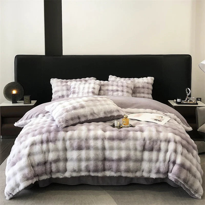 Afralia™ Faux Rabbit Fur Velvet Bedding Set, Plush Duvet Cover, Sheet, Pillowcases, Gradient Color