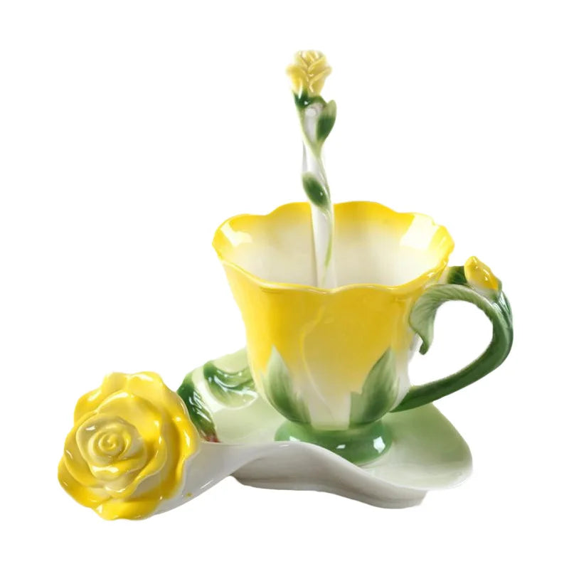 Afralia™ Enamel Rose Peony Floral Coffee Cup Wedding Birthday Gift