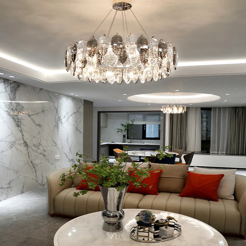 Afralia™ Gold Silver Crystal LED Dimmable Pendant Light for Living Room