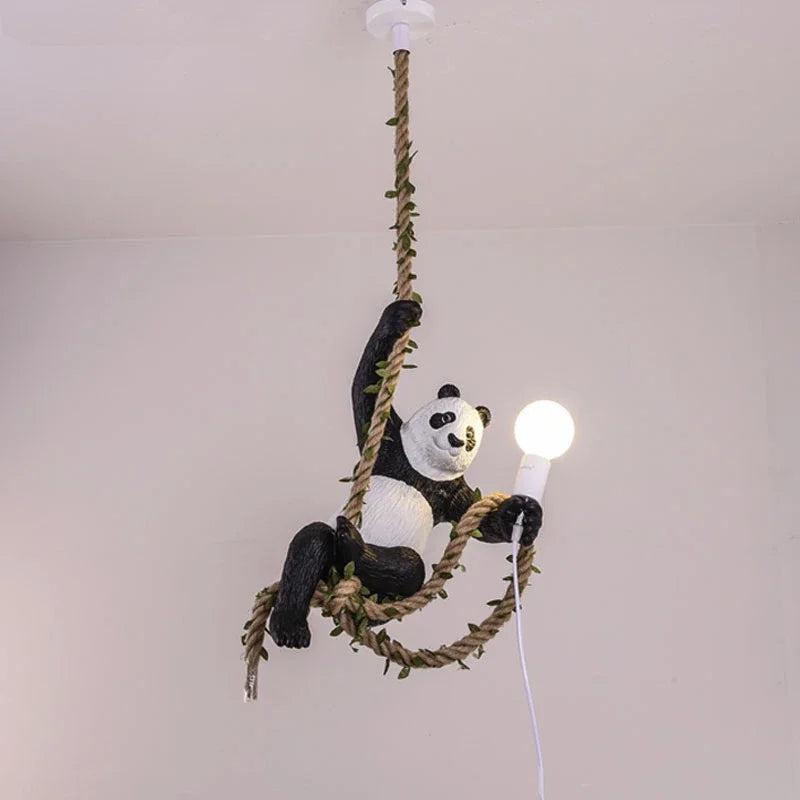 Afralia™ Resin Panda Pendant Light: Vintage Loft Hemp Rope Hanging Chandelier