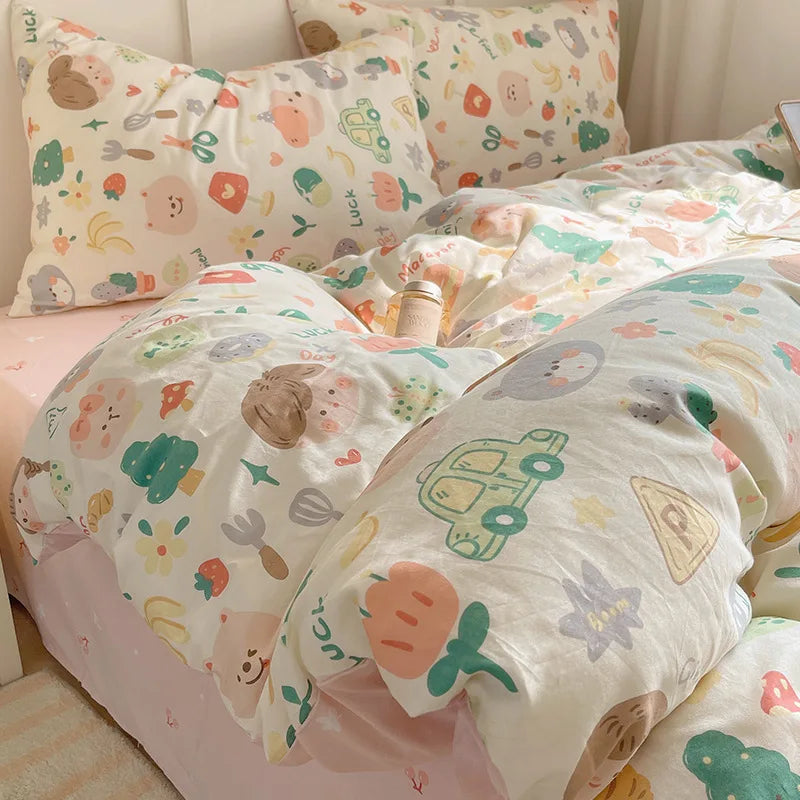 Afralia™ Cartoon Pattern 100% Cotton Bedding Set - Single Double Size Soft Fitted Sheet, Cozy & Breathable