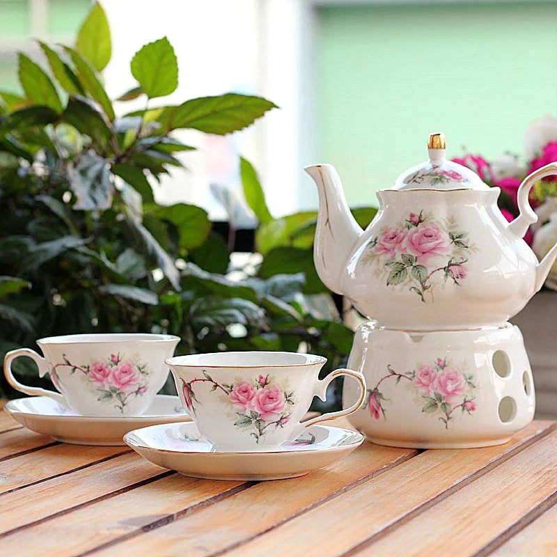 Afralia™ Pink Camellia Tea Set: 500ML Teapot, Warmer, Cup, Saucer - Ceramic Teaware