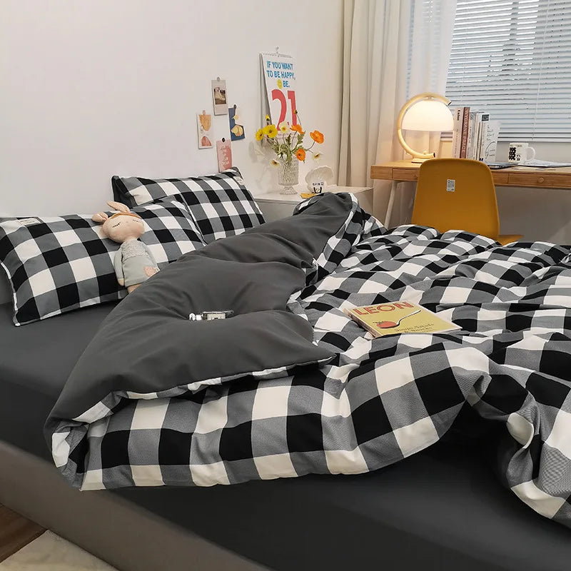 Afralia™ Simple Striped Check Cotton Bedding Sets for Queen King Size