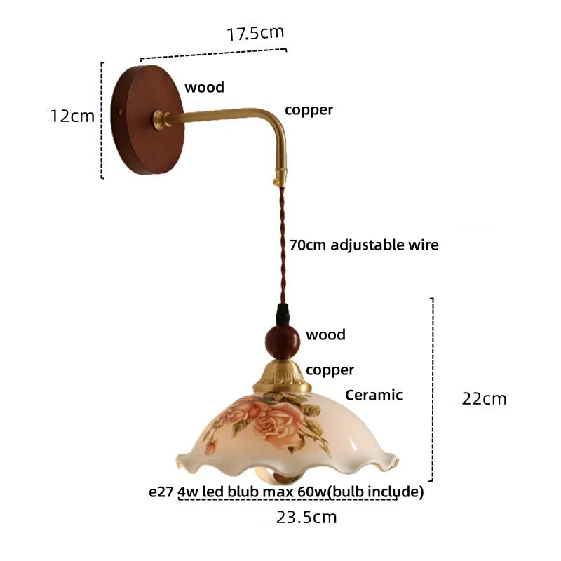 Afralia™ Nordic LED Wall Sconce Flower Ceramic Copper Wood Bedroom Reading Light