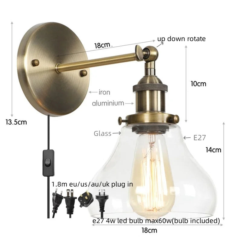 Afralia™ Red Bronze LED Wall Lamp with Pull Chain Switch and Clear Glass