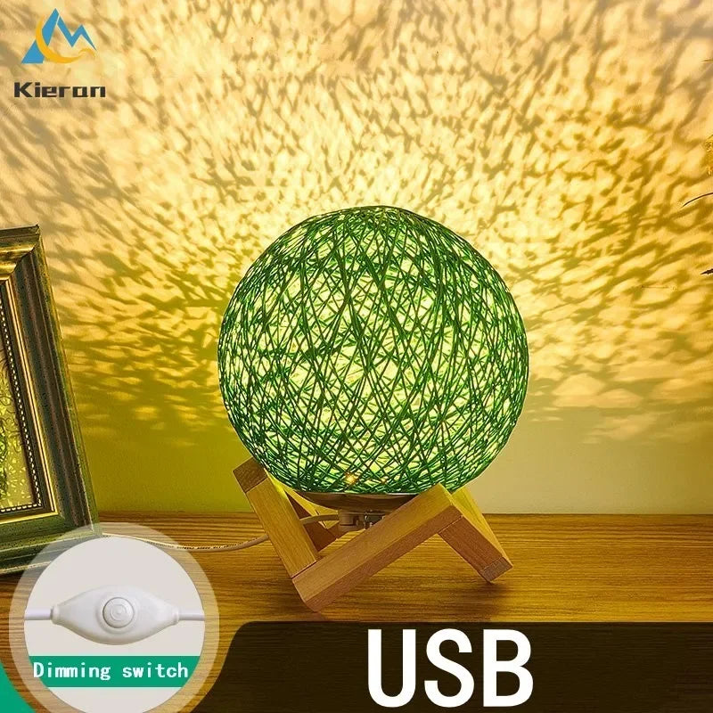 Afralia™ Minimalist Rattan Ball LED Table Lamp with Solid Wood Base