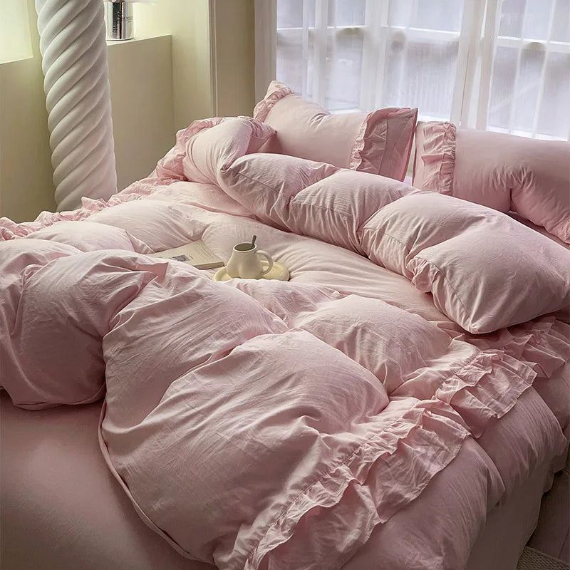 Afralia™ Korean Princess Ruffles Bedding Set - Soft Microfiber, Duvet Cover Pillowcases - All Sizes