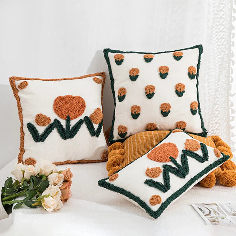 Afralia™ Tufted Burnt Orange Tulip Floral Pillow Cover 45x45cm for Living Room, Bedroom, Sofa