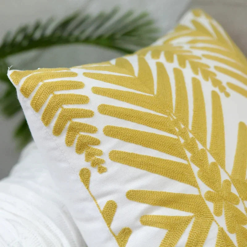 Afralia™ Yellow Geometric Floral Embroidered Canvas Cotton Pillow Cover 45x45cm