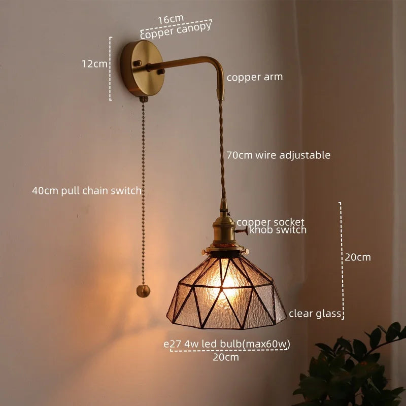 Afralia™ Copper Glass Pull Chain LED Wall Sconce for Indoor Living Room Stairway Lighting