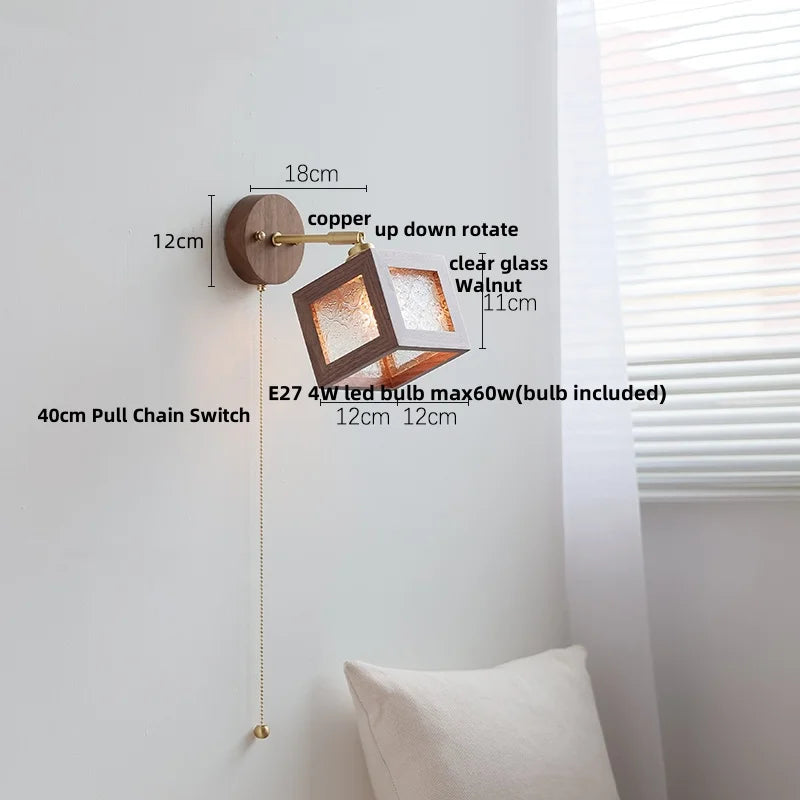 Afralia™ Walnut Wood LED Wall Sconce with Pull Chain Switch - Modern Nordic Copper Socket