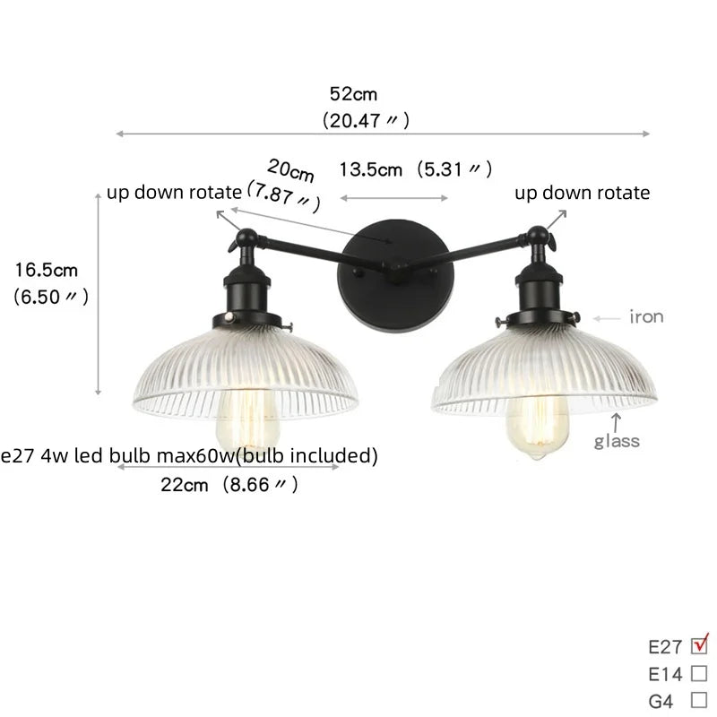 Afralia™ Industrial LED Wall Light Fixture with Glass Pull Chain Switch - 2 Heads