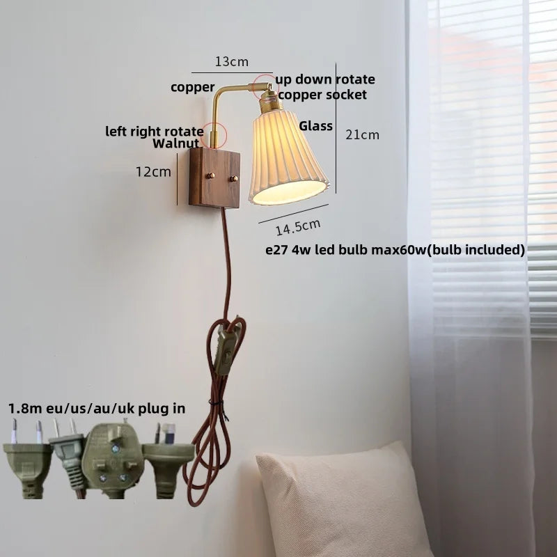 Afralia™ Walnut Wood LED Wall Sconce Rotatable Glass Bedside Lamp Nordic Modern