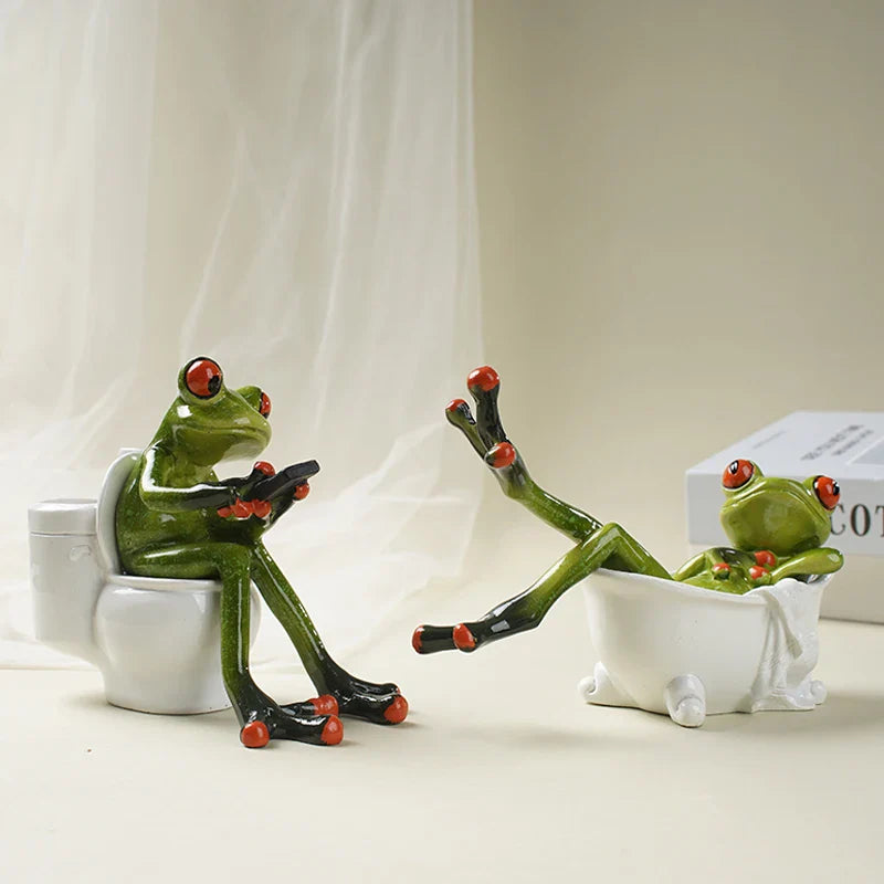 Afralia™ Toilet Frog Resin Figurine Funny Home Decoration Ornament Froghtub Soaking