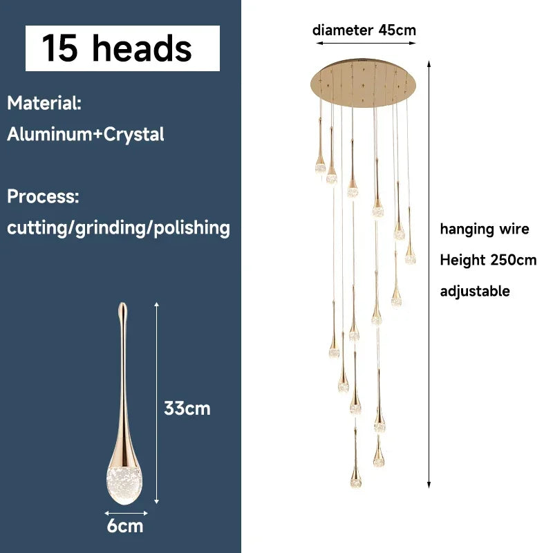 Afralia™ Gold Crystal Chandelier Pendant Light, Modern Minimalist Loft Staircase Fixture