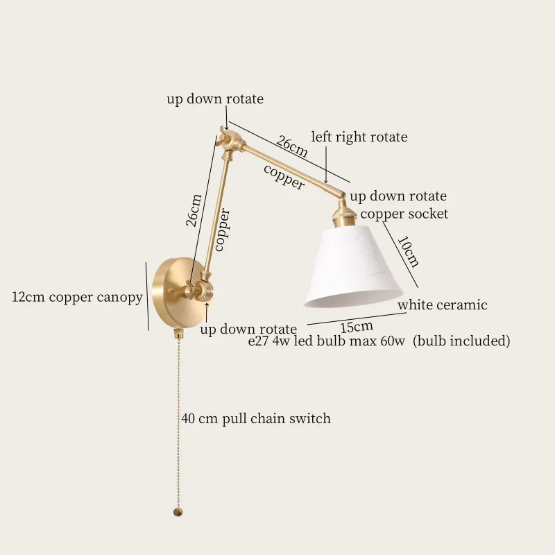 Afralia™ Ceramic LED Wall Lamp, Pull Chain Switch, Nordic Copper, Small Size