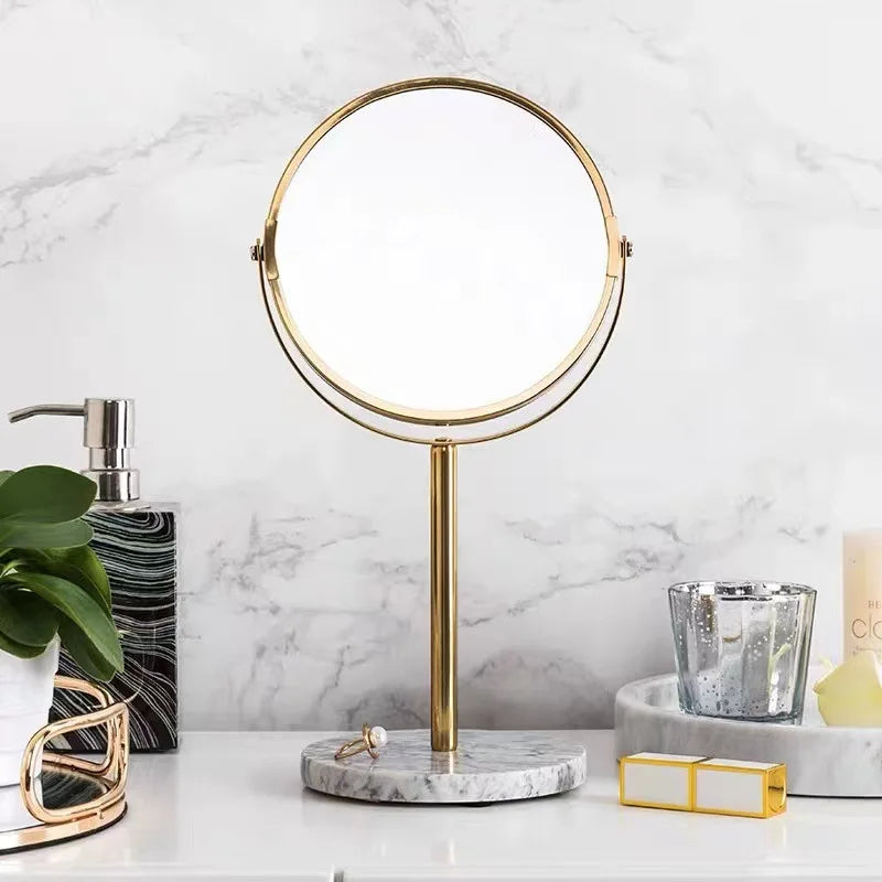 Afralia™ Marble Makeup Vanity Mirror Golden Stand 2X Magnifier Rotation