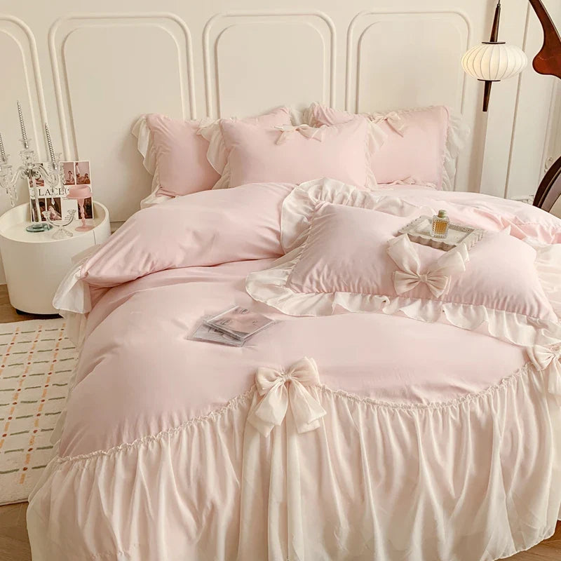Afralia™ Pink French Princess Lace Ruffle Bow Bedding Set - Single Queen King