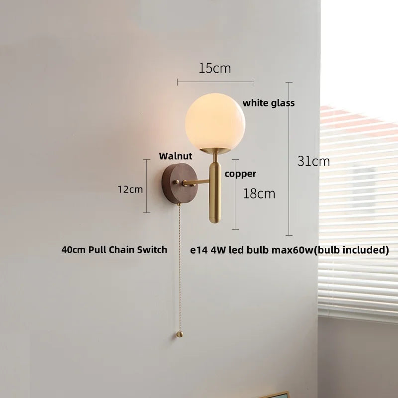Afralia™ White Glass LED Wall Sconce with Pull Chain Switch, Modern Copper Base Mirror Light