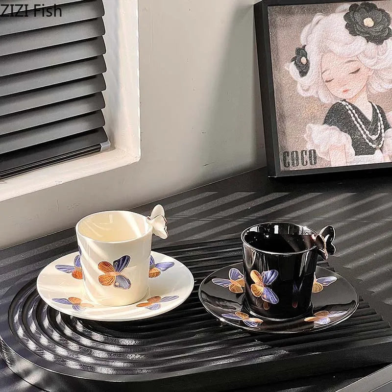 Afralia™ Butterfly Ceramic Tea Cup & Saucer Set for Elegant Dining Table Décor