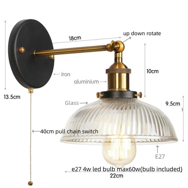 Afralia™ Glass Industrial LED Wall Sconce with Pull Chain Switch, Vintage Bedside Light