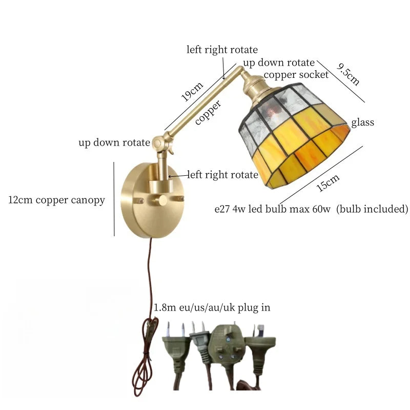 Afralia™ Tiffany Glass LED Wall Lamp Colorful for Living Room Bathroom Mirror Rotation