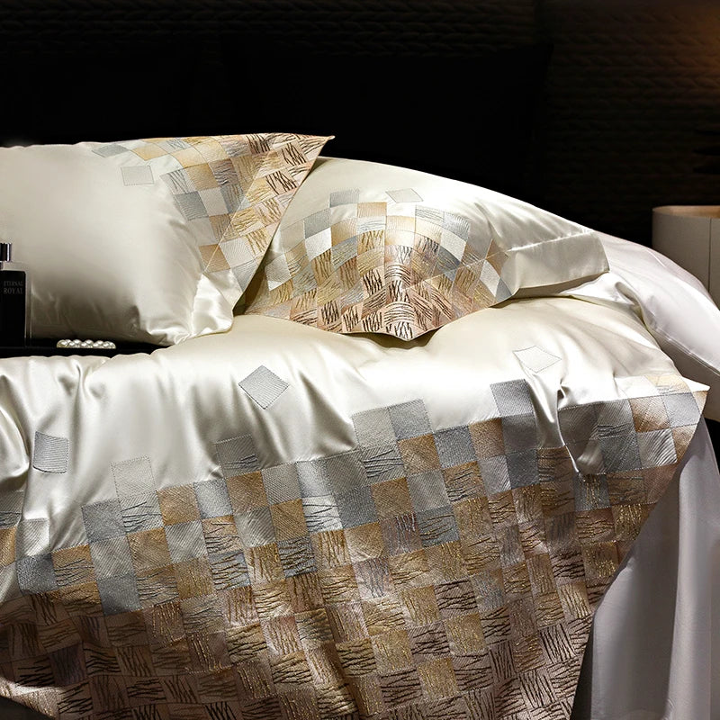 Afralia™ 4-Piece Luxury Embroidery Bedding Set in Pearl White/Grey Satin Brocade Cotton