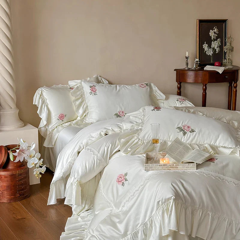 Afralia™ Vintage Lace Ruffles Embroidery Bedding Set with 1000TC Egyptian Cotton