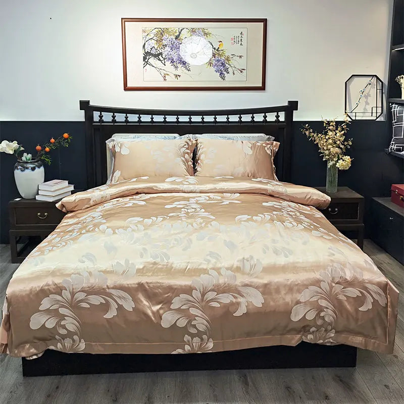 Afralia™ Blue Satin Jacquard Queen Duvet Cover Set with Sheet & Pillowcases
