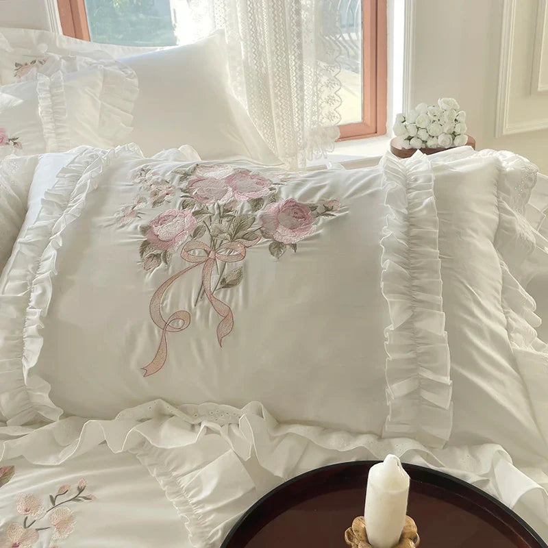 Afralia™ Vintage Rose Bouquet Embroidered Duvet Set with Ruffles & Patchwork