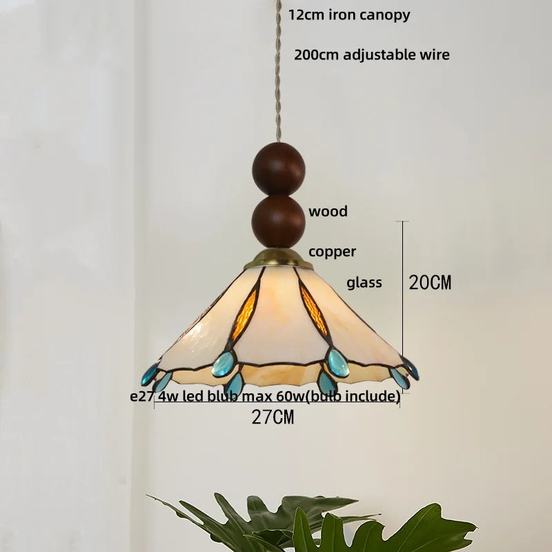 Afralia™ Tiffany Wood Globe LED Pendant Lamp for Kitchen Cafe Reading, Gold Copper Blue Glass