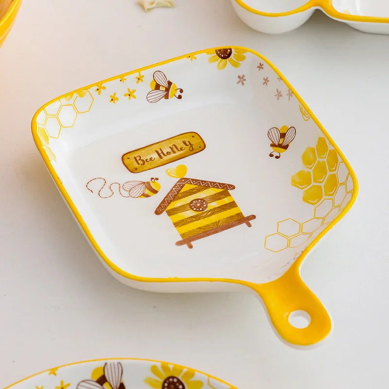 Afralia™ Little Bee Ceramic Plate with Handle: Multifunctional Baking Tray for Desserts & Snacks