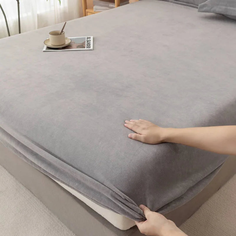 Afralia™ Tafu Velvet Fitted Sheet Coral Fleece Anti-Slip Bed Cover Grid Jacquard