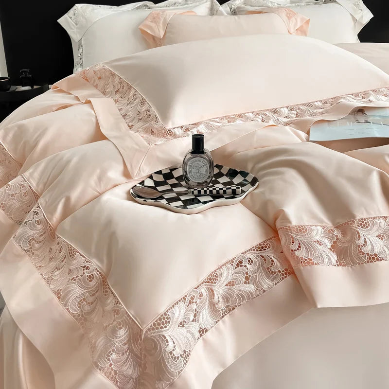 Afralia™ Lace Embroidery 1200TC Egyptian Cotton 4Pcs Bedding Set with Wide Hollow Design