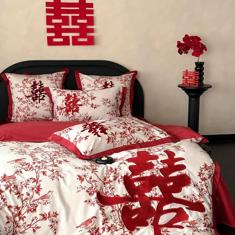 Afralia™ Luxury Red Egyptian Cotton Bedding Set, Queen King Ru Size Sheets & Duvet Cover