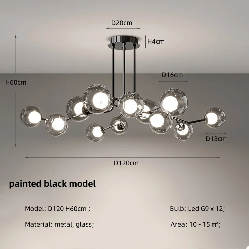 Afralia™ Glass Globe Black Led Pendant Chandelier - Nordic Style Dining Room Decor