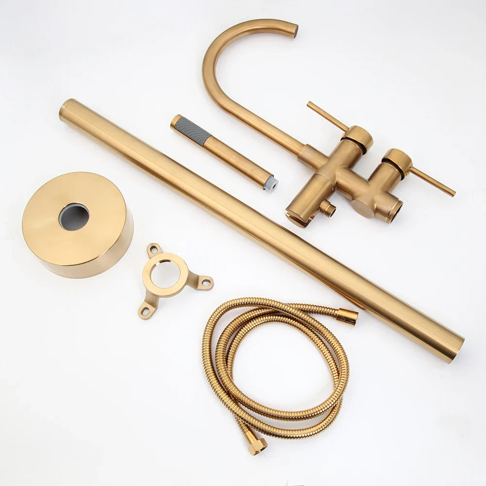 Afralia™ Brushed Gold High Rise Round Bath Mixer Roman Tub Faucet Set Floor Stand