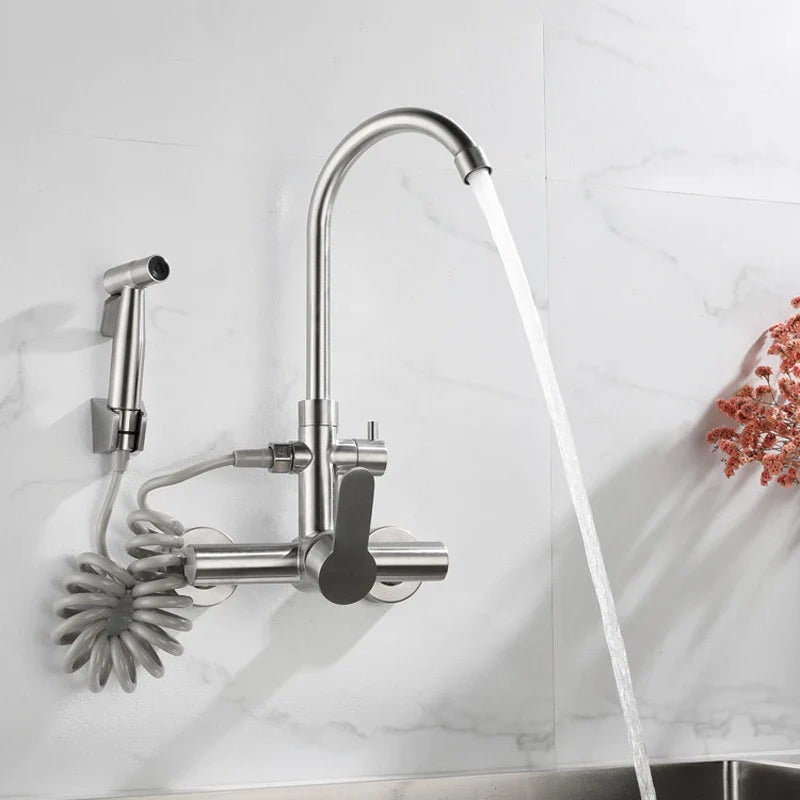 Afralia™ Stainless Steel Kitchen Faucet Wall Mount with Swivel Bidet Sprayer Head.