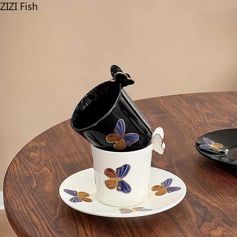Afralia™ Butterfly Ceramic Tea Cup & Saucer Set for Elegant Dining Table Décor