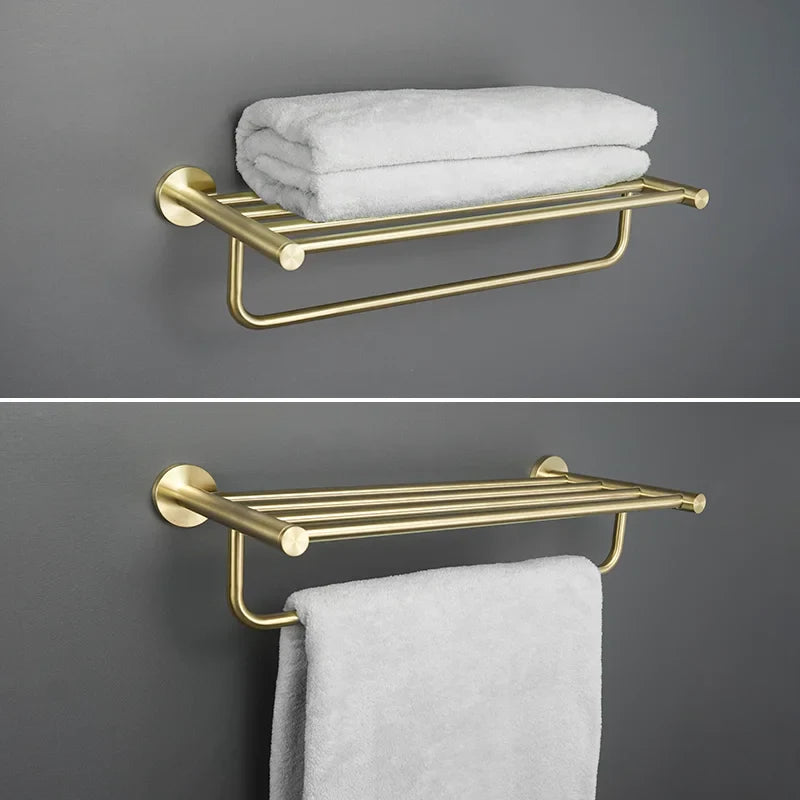 Afralia™ Brushed Gold Bathroom Accessories Set: Wall Mount Shelf, Toilet Paper Holder, Towel Bar, Robe Hook