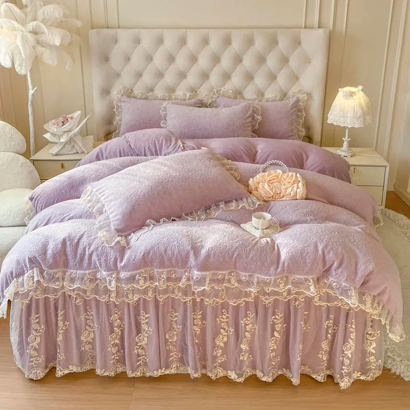 Afralia™ Lace Princess Bedding Set with Velvet Bed Skirt & Quilt Cover