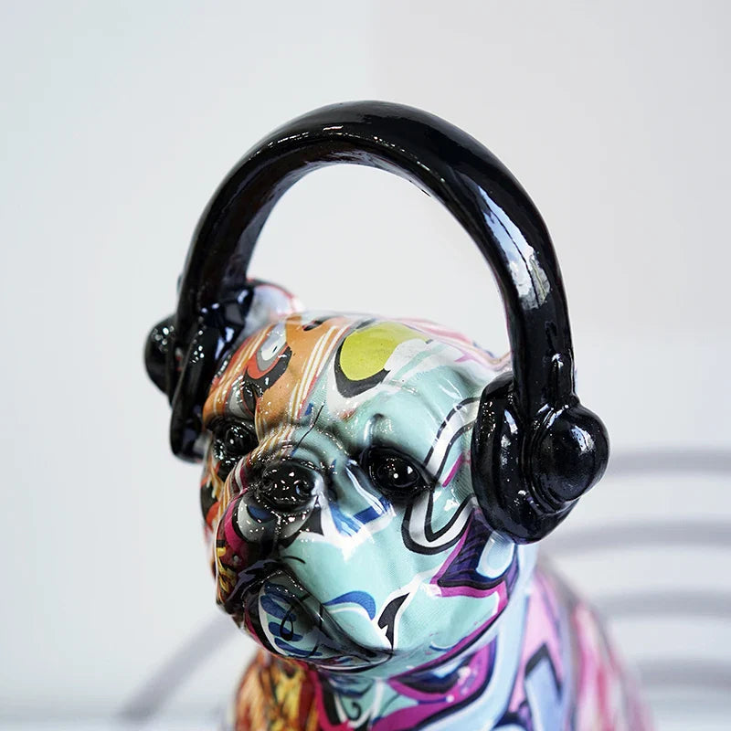 Afralia™ Bulldog Headphone Figurines: Resin Graffiti Art Dog Statue Desktop Decor