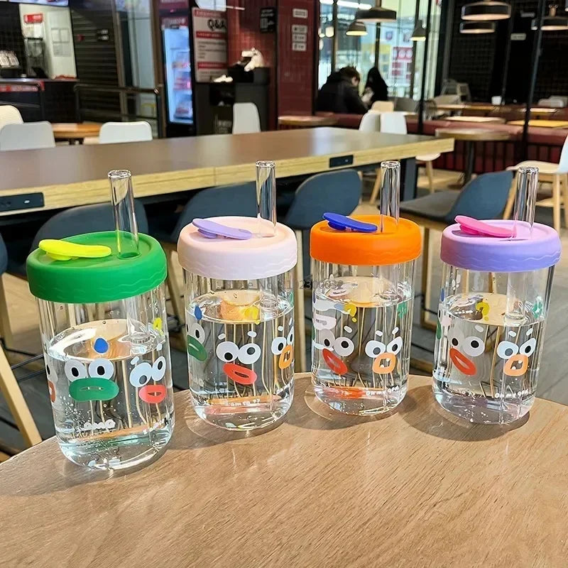 Afralia™ Kawaii Glasses with Lid and Straw Bubble Tea Cup - 550ml Cute Drinkware