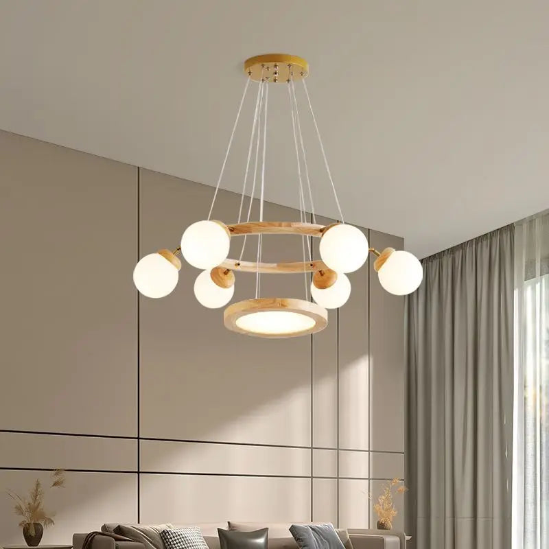 Afralia™ Nordic Log Style Wood Glass Pendant Light for Living Room Kitchen Bedroom