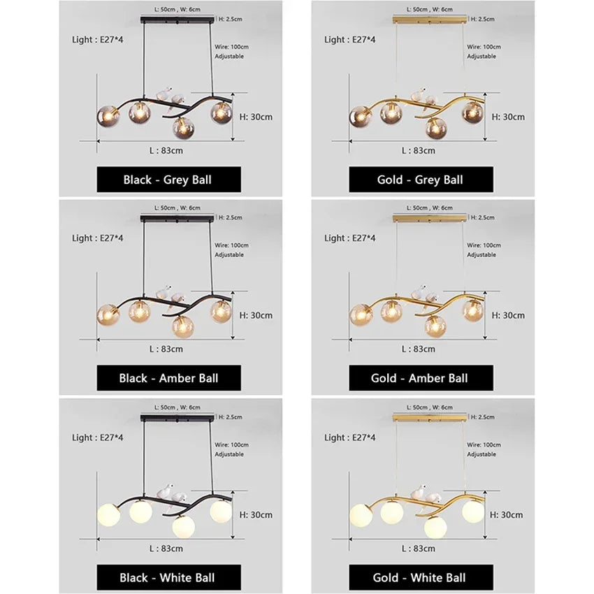 Afralia™ Birds Hanging Glass LED Chandelier in Black & Gold Iron - Modern Kitchen Island Light