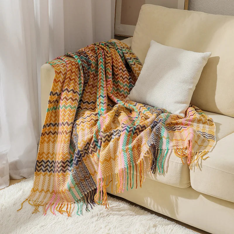 Afralia™ Ethnic Wave Woven Tassel Blanket: Multi-functional for Bed, Sofa, Table, Office Nap