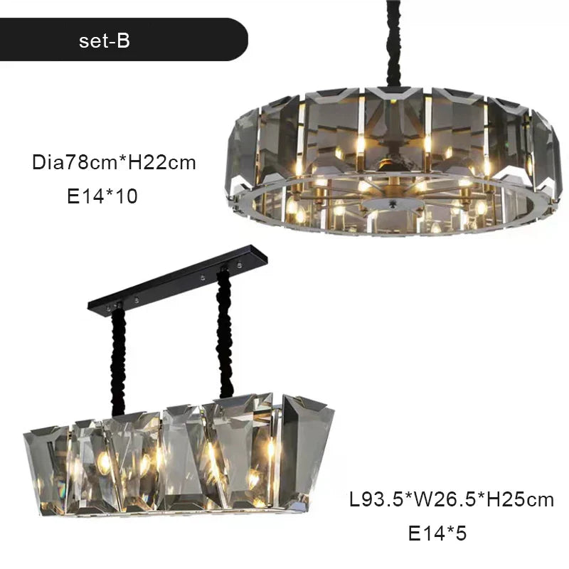 Afralia™ Smoke Grey LED Pendant Light for Living Room - Amber Crystal Lustre Chandelier